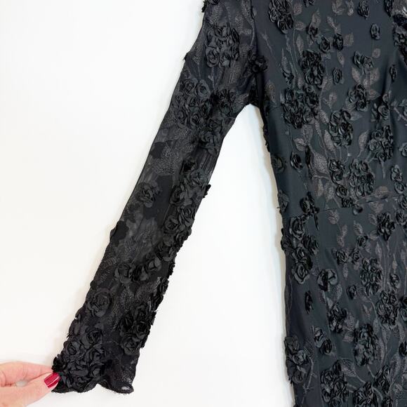 Aqua Long Sleeve Embroidered 3D Floral Applique Dress Black Sheath Women's 12 - Picture 4 of 14